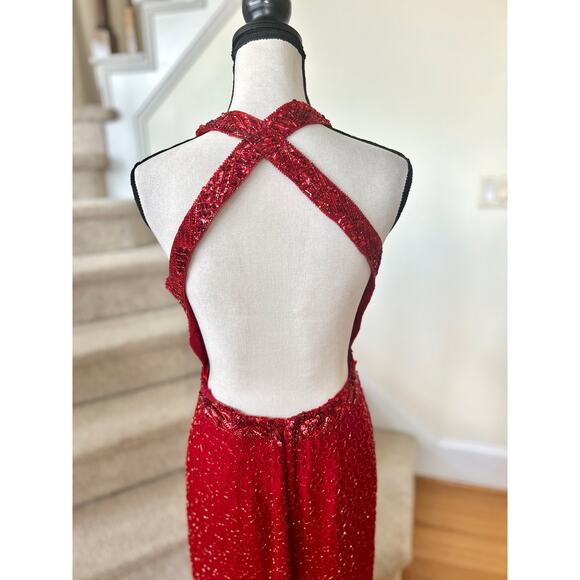 Vintage Y2K Cache Silk Red Beaded Backless Maxi Slit Gown - Picture 2 of 12